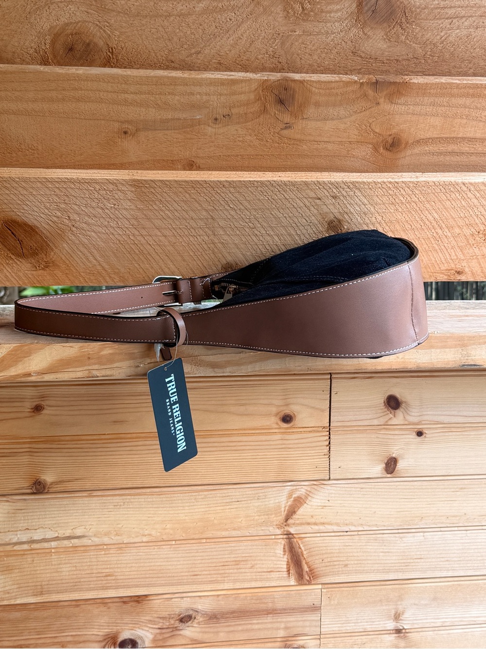 True ReligionBlack Y2K westernDenim Shoulder Bag/Brown Trim&Embroidered Logo NWT - Picture 4 of 9
